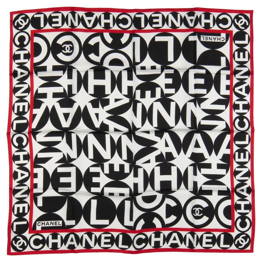 Chanel Black and White Silk Scarf with Red Border: Chanel Black and White Silk Scarf with Red Border Elevate your accessory collection with this exquisite Chanel Foulard en Soie Scarf. This luxurious silk scarf showcases a classic black and white Chan