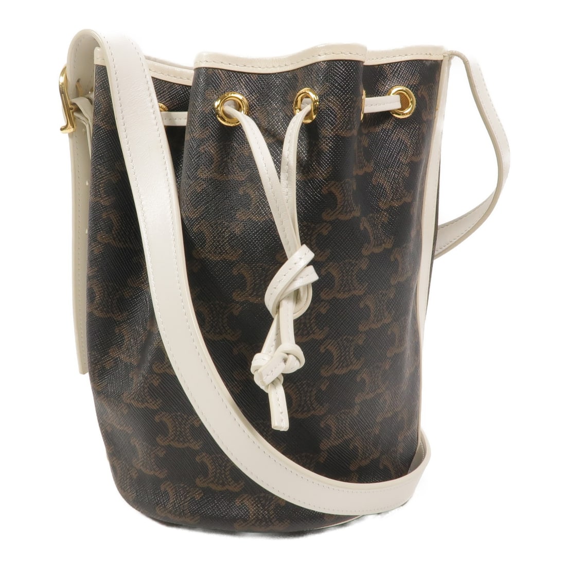 CELINE Small Drawstring Shoulder Bag Brown PVC Coated Canvas: CELINE Small Drawstring Shoulder Bag Brown PVC Coated Canvas A CELINE small drawstring shoulder bag in brown PVC coated canvas with a brown frame color and gold-tone hardware. It is designed for women
