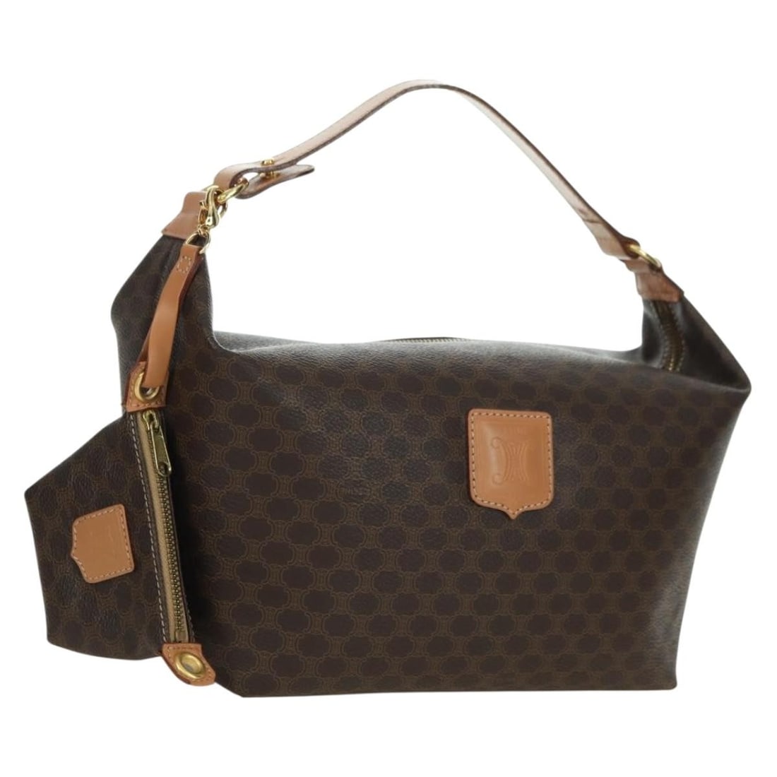 CELINE Macadam Canvas Hand Bag Brown PVC Leather with Dust Bag: CELINE Macadam Canvas Hand Bag Brown PVC Leather with Dust Bag Celine Macadam canvas hand bag in brown with gold-tone accents, crafted with PVC leather. Includes a dust bag and pouch. Made in Italy. C