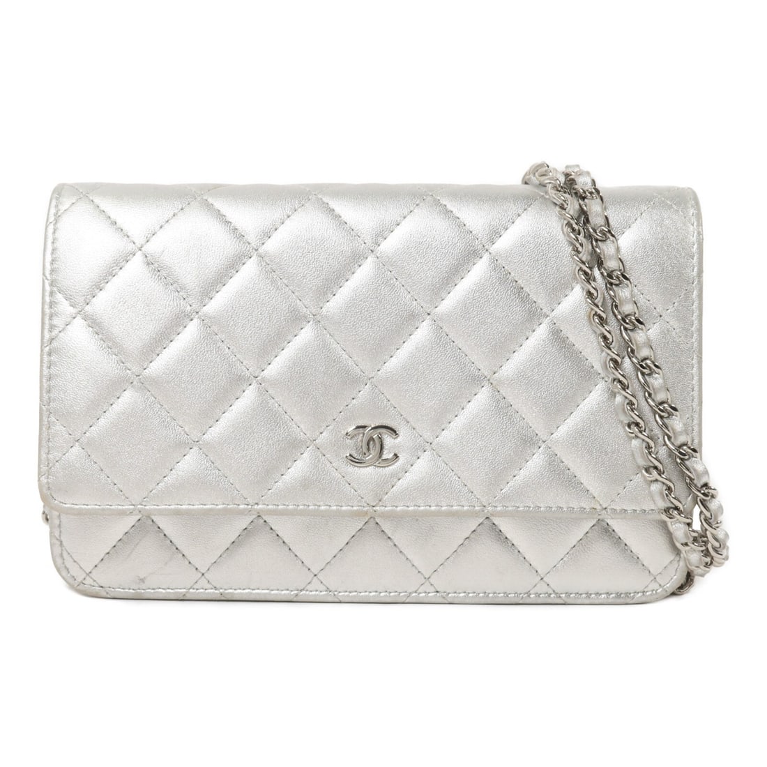 CHANEL Wallet On Chain Shoulder Bag Silver Calfskin CC SHW: CHANEL Wallet On Chain Shoulder Bag Silver Calfskin CC SHW Chanel Wallet on Chain shoulder bag in silver calfskin leather. This women's shoulder bag features the classic CC design and includes multipl