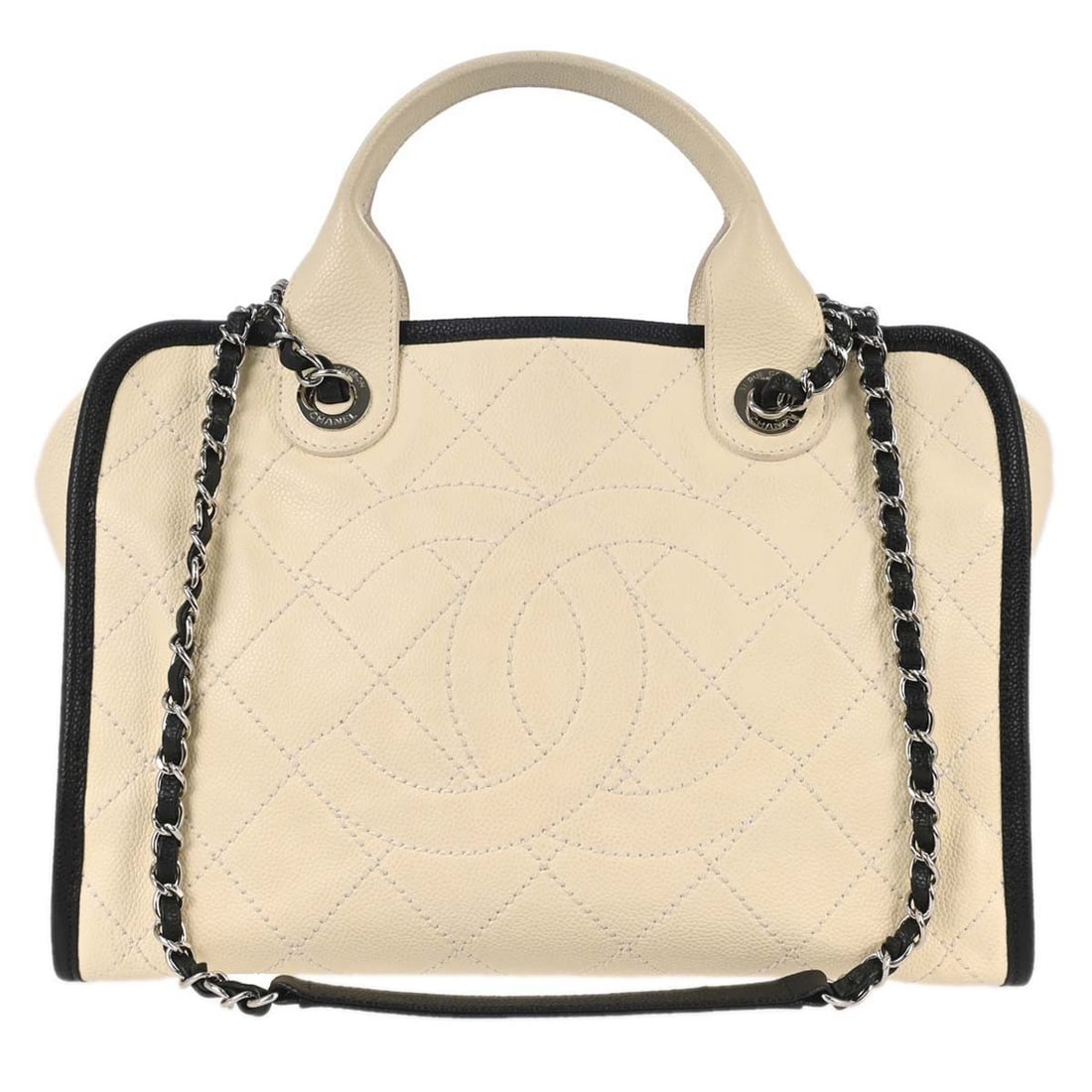 CHANEL Deauville Bowling Bag Off White Quilted Calfskin 2 Way Tote: CHANEL Deauville Bowling Bag Off White Quilted Calfskin 2 Way Tote Chanel Deauville Bowling Bag 2way handbag in off-white calfskin leather with a matelasse quilted finish. It features a zip closure, d