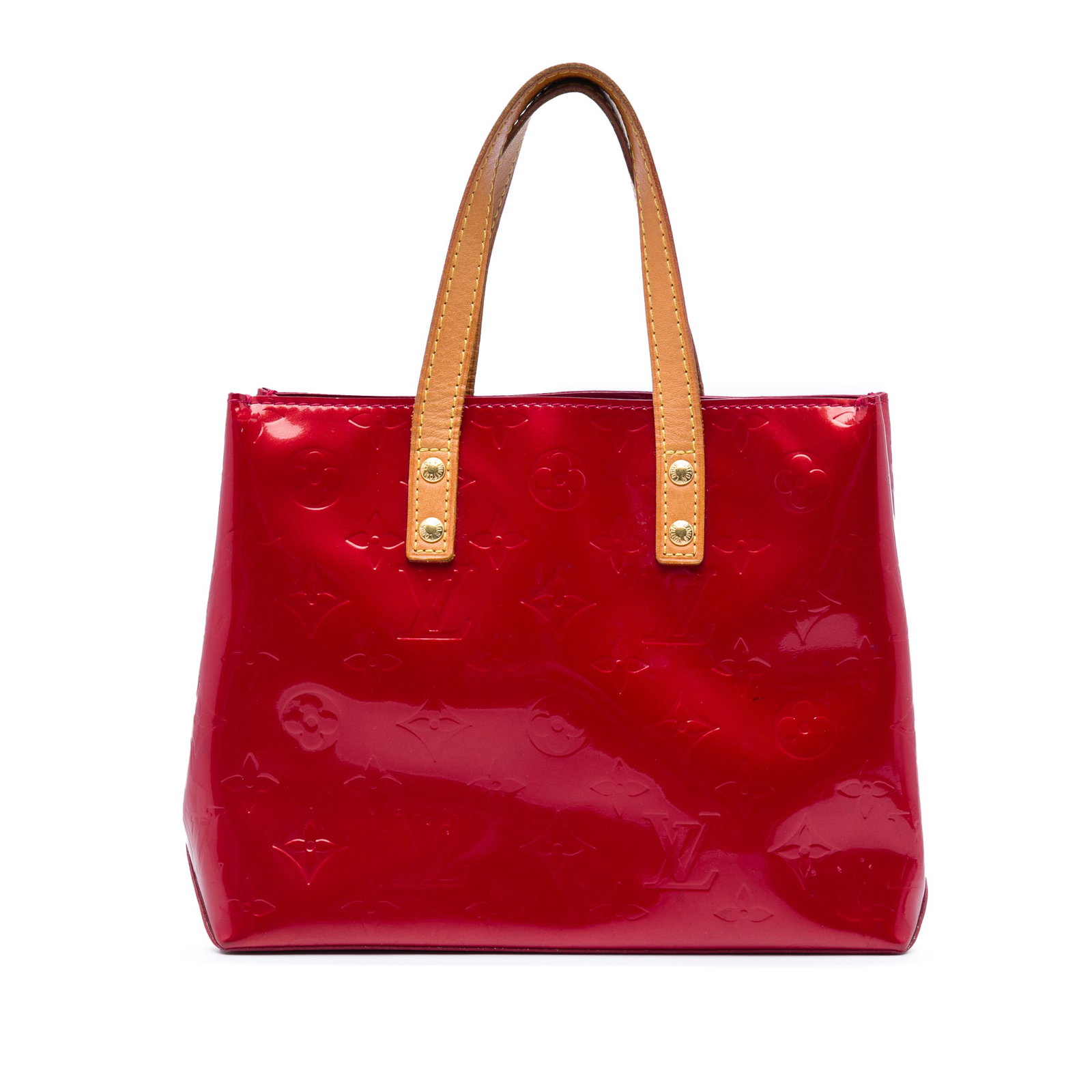 Louis Vuitton Reade PM Monogram Vernis Leather Handbag: Louis Vuitton Reade PM Monogram Vernis Leather Handbag Louis Vuitton Monogram Vernis Reade PM tote bag crafted in red vernis leather with flat vachetta leather handles, an open top, and an interior zi