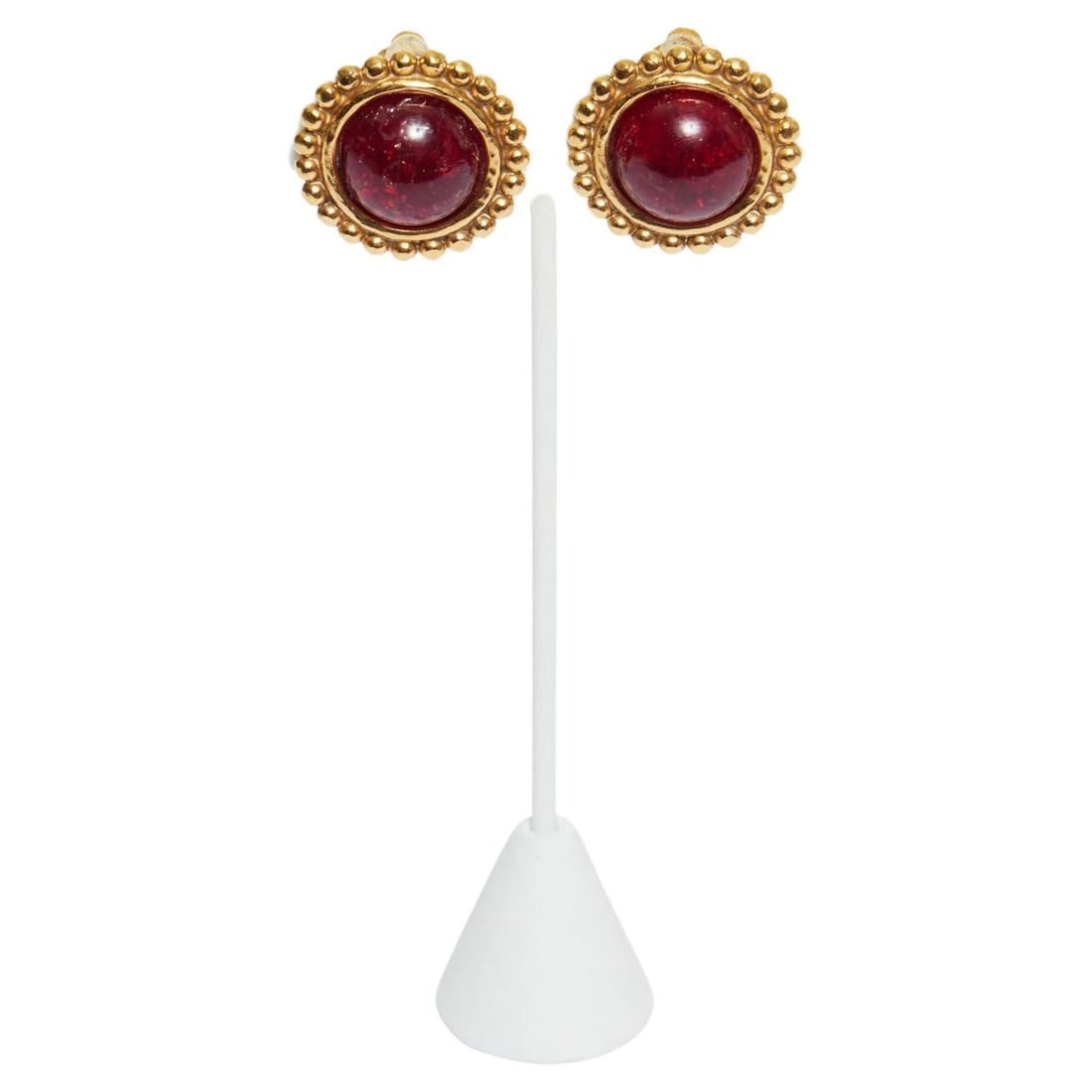 Chanel Round Clip On Earrings Gold Plated Red Gripoix France 1980: Chanel Round Clip On Earrings Gold Plated Red Gripoix France 1980 Elevate your accessory collection with these exquisite Chanel Gold Plated and Red Gripoix Clip On Earrings. Crafted in France, these r