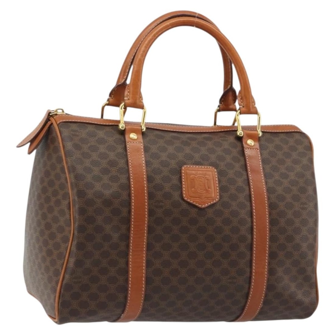 CELINE Macadam Boston Bag Brown PVC Leather Italy: CELINE Macadam Boston Bag Brown PVC Leather Italy Celine Macadam canvas Boston bag crafted in PVC leather with a brown and gold colorway. This women's handbag is made in Italy and features the classic