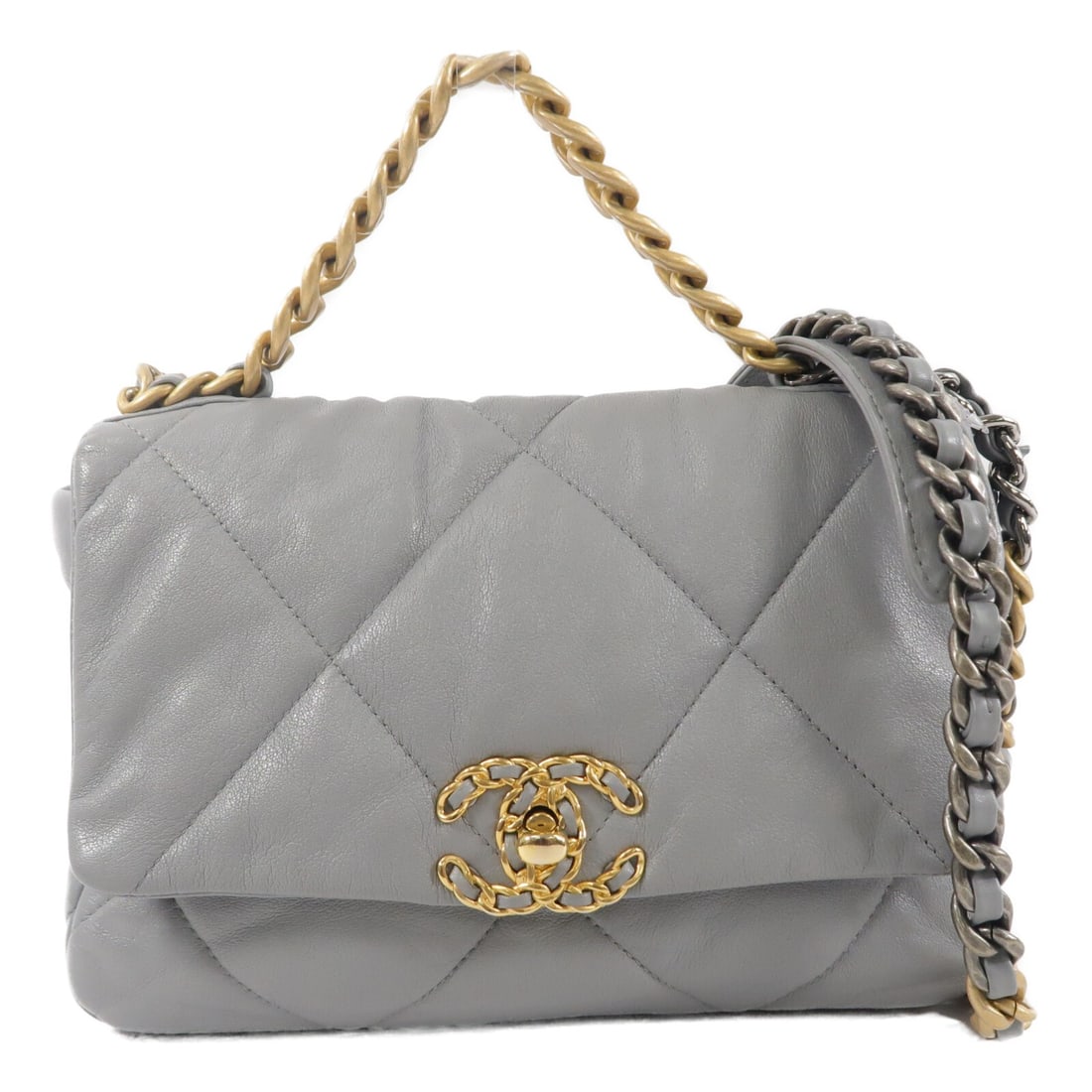 CHANEL Chanel 19 Small Lambskin 2way Shoulder Bag AS1161 Gray: CHANEL Chanel 19 Small Lambskin 2way Shoulder Bag AS1161 Gray CHANEL Chanel 19 Small Chain Shoulder Bag, model AS1161, in gray lambskin (sheep leather). This 2-way shoulder bag features a turn lock cl