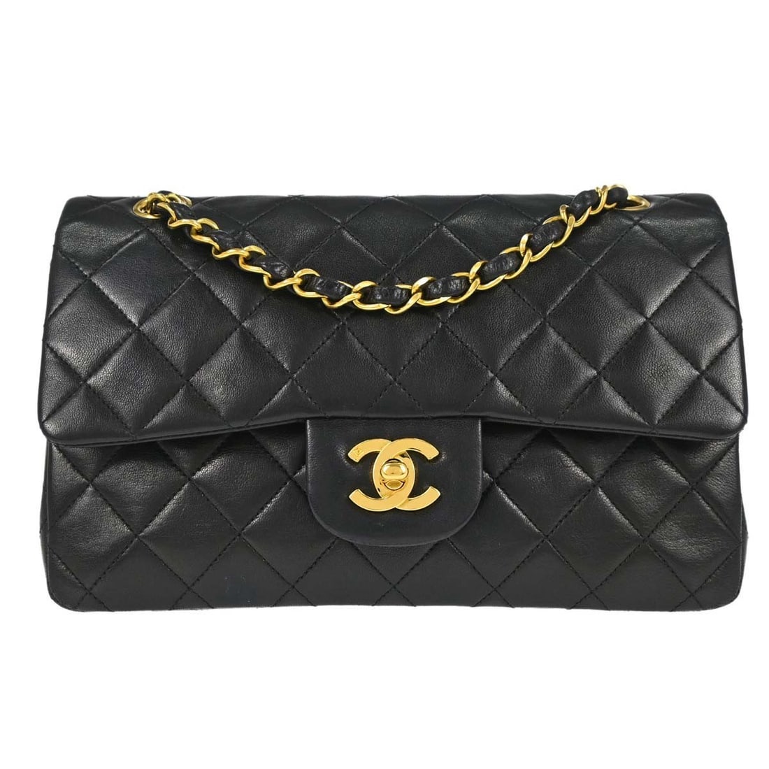 CHANEL Classic Double Flap Small Black Lambskin Shoulder Bag: CHANEL Classic Double Flap Small Black Lambskin Shoulder Bag Chanel Small Classic Double Flap shoulder bag in black lambskin with matelasse quilting, a flap turnlock closure, and chain shoulder strap.