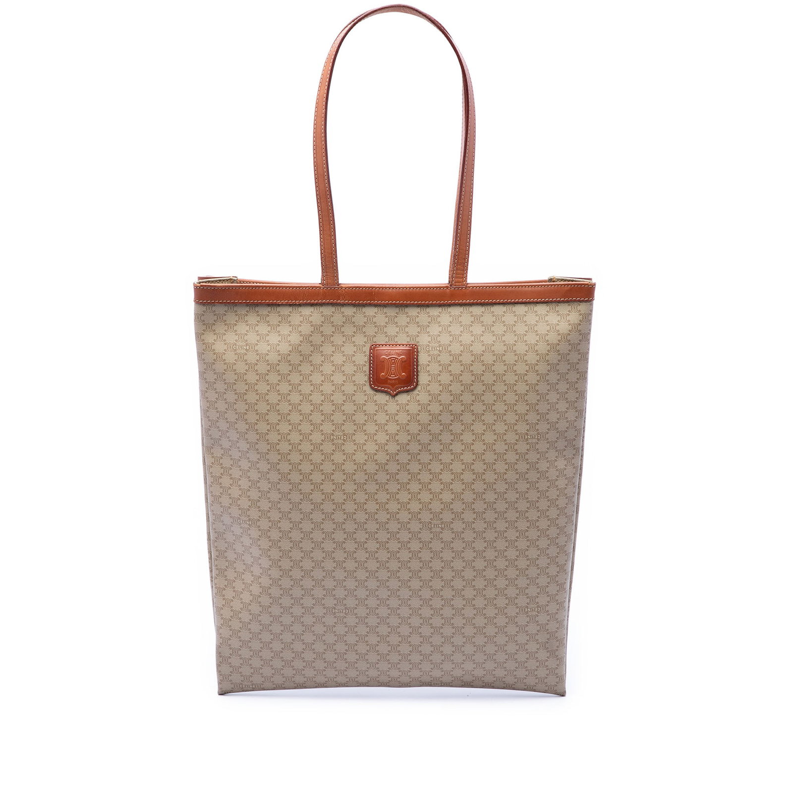 Celine Macadam Tote Bag Coated Canvas with Leather Trim Beige: Celine Macadam Tote Bag Coated Canvas with Leather Trim Beige Celine Macadam coated canvas tote with leather trim and flat leather straps. The bag features an open top with snap button closure and is 