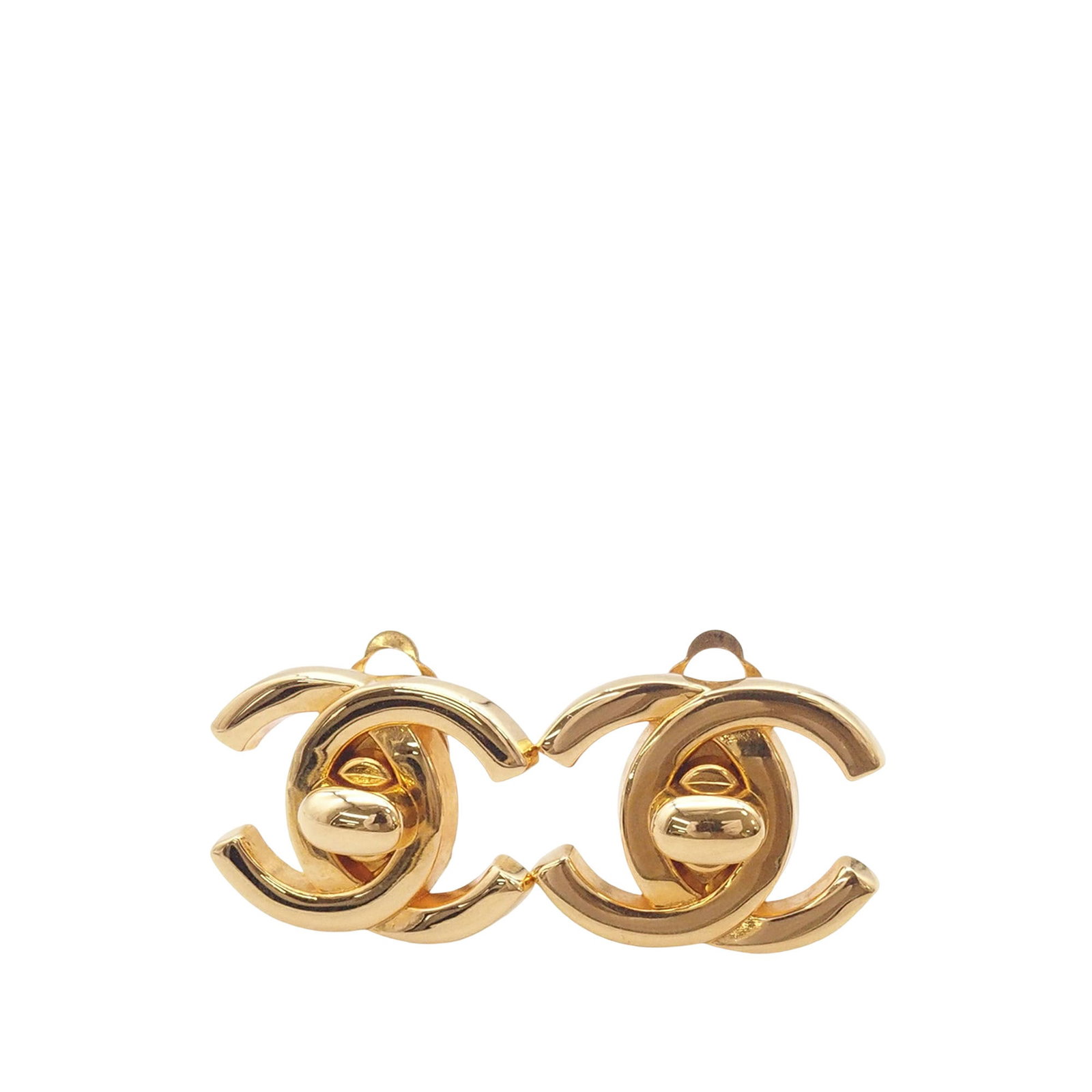Chanel CC Turn Lock Clip Earrings Gold Plated Metal: Chanel CC Turn Lock Clip Earrings Gold Plated Metal Chanel clip-on earrings featuring the iconic CC turn lock design in gold plated metal. Made in France, this costume jewelry pair has a classic Chane