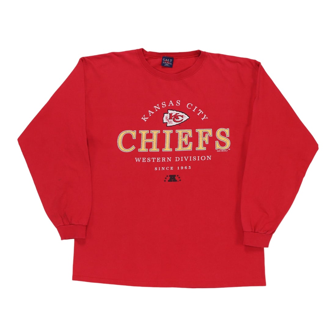 Vintage Kansas City Chiefs Red Cotton Long Sleeve Tee XL: Vintage Kansas City Chiefs Red Cotton Long Sleeve Tee XL Authentic original vintage Kansas City Chiefs long sleeve shirt from the 1990s with front and back graphics. This is a true vintage shirt, not 