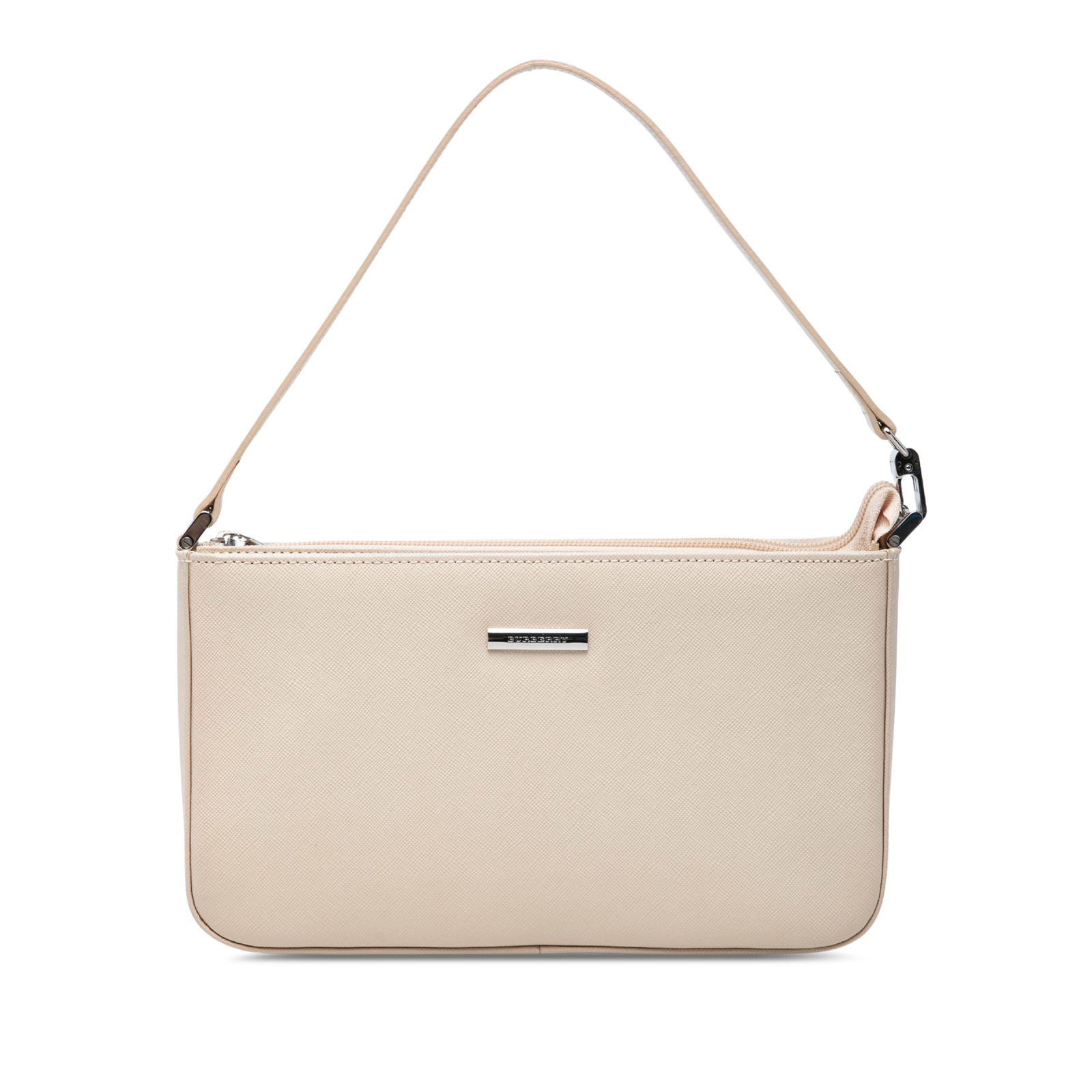 Burberry Beige Leather Zip Top Shoulder Bag: Burberry Beige Leather Zip Top Shoulder Bag Burberry leather shoulder bag in beige with a streamlined silhouette and practical everyday design. It features a flat leather strap, top zip closure, and a