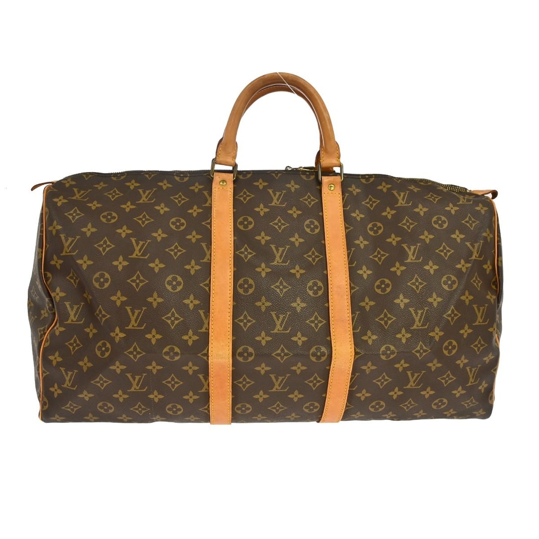 Louis Vuitton Keepall 55 Monogram Canvas Duffle Bag M41424: Louis Vuitton Keepall 55 Monogram Canvas Duffle Bag M41424 Vintage Louis Vuitton Keepall 55 travel handbag in the Monogram pattern with double leather handles and a zip closure. This extra large duffl
