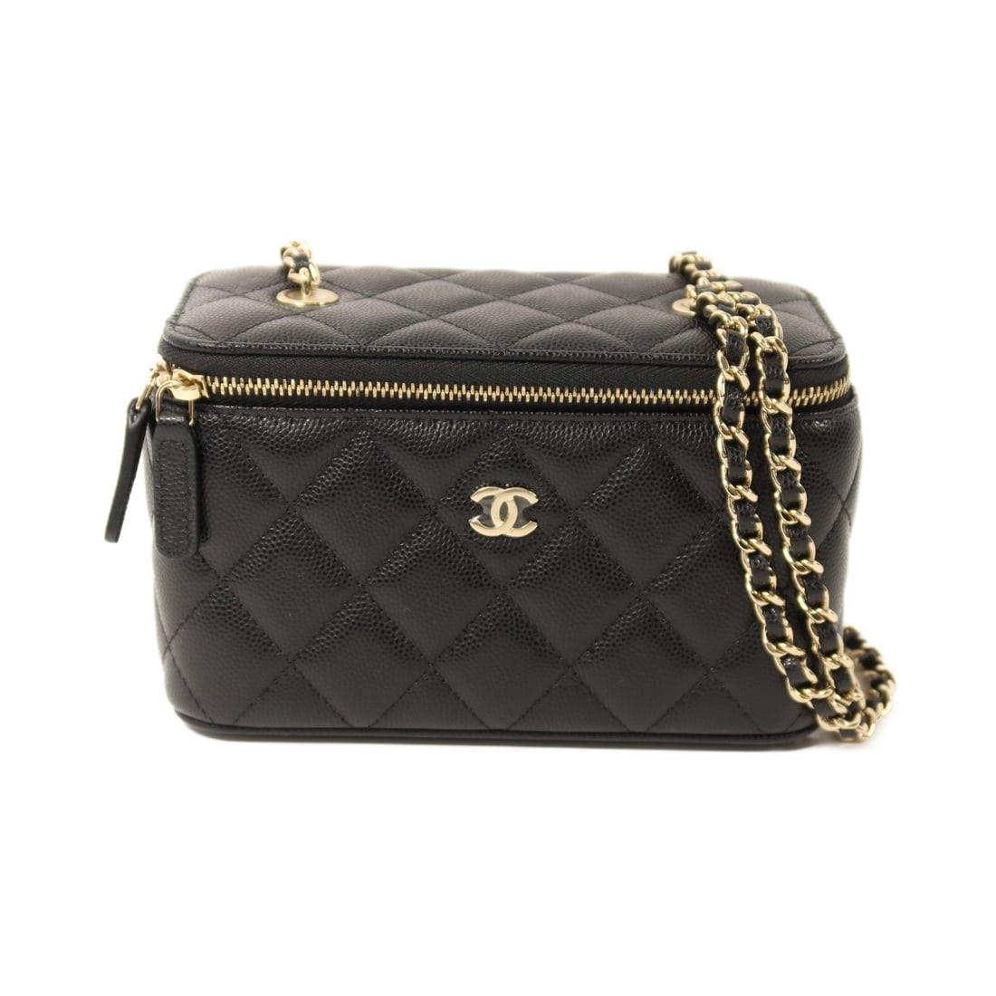 CHANEL CC Vanity Case Shoulder Bag Black Calfskin GHW: CHANEL CC Vanity Case Shoulder Bag Black Calfskin GHW CHANEL CC GHW Vanity Case Chain Shoulder Bag in black calfskin (cowhide) leather. This regular-size women's shoulder bag features a chain shoulder