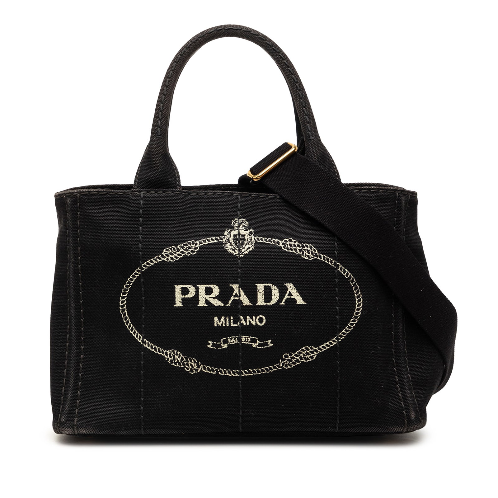Prada Canapa Logo Tote Small Black Canvas Satchel: Prada Canapa Logo Tote Small Black Canvas Satchel Prada Small Canvas Canapa Logo Tote crafted with a canvas body, rolled canvas handles, and a detachable adjustable flat strap. The bag features an ope