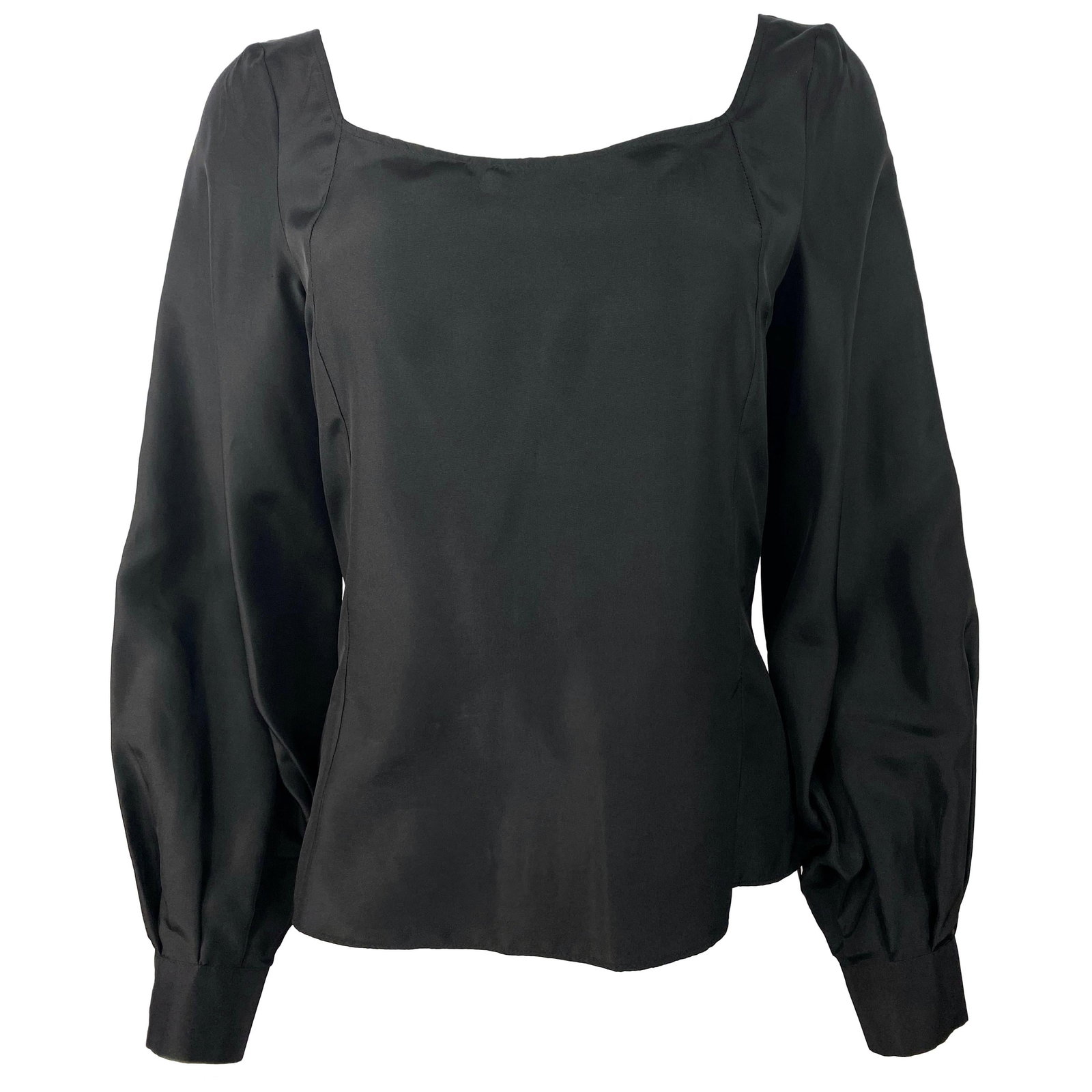 Deitas silk blouse in black with balloon sleeves EU 38: Deitas silk blouse in black with balloon sleeves EU 38 Black silk blouse top with balloon sleeves and a silver tone rear zip closure set in metallic silver fabric. It also features two buttons closure