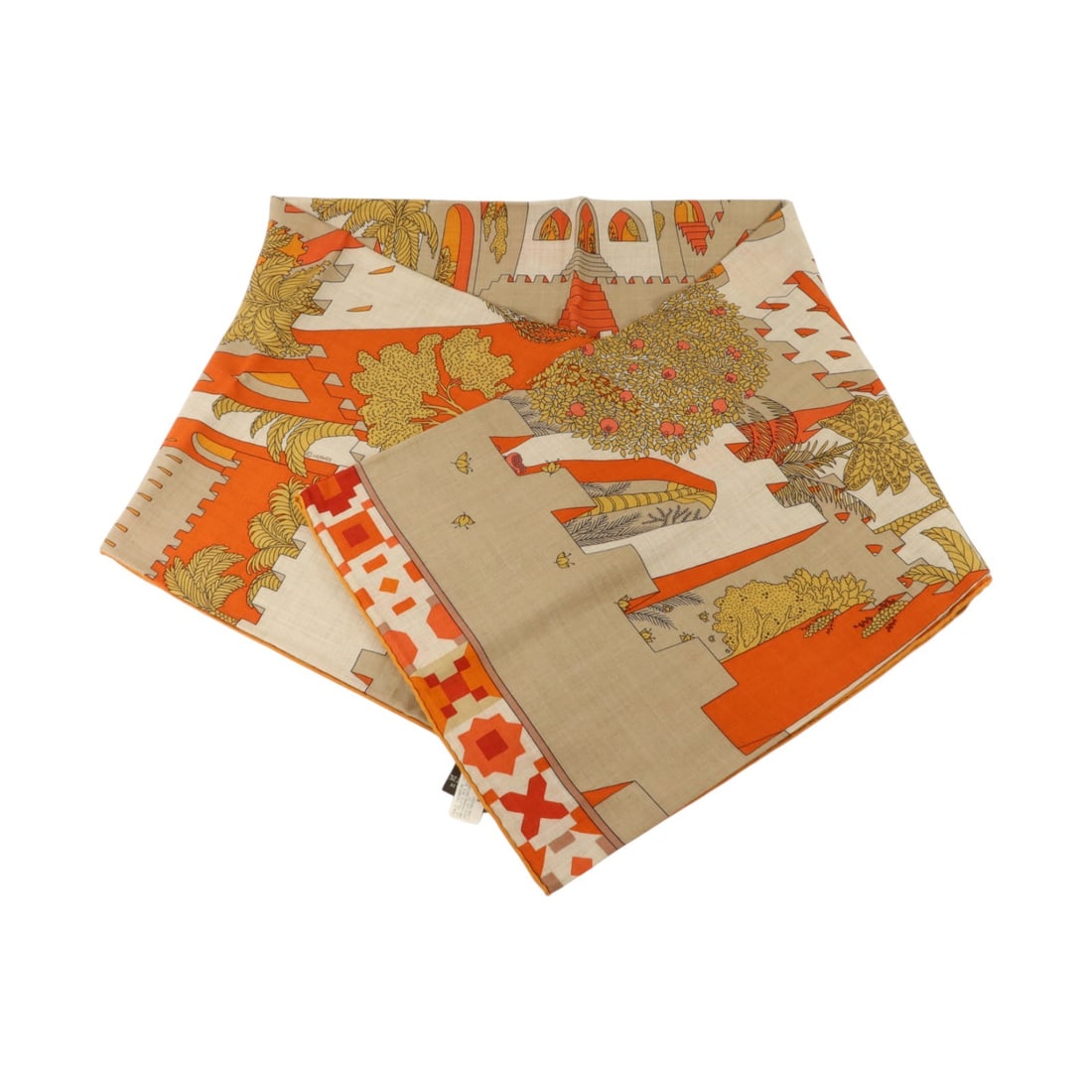 HERMES H244312S 07 Cashmere Silk Scarf 140x140 Beige Multicolor: HERMES H244312S 07 Cashmere Silk Scarf 140x140 Beige Multicolor Hermes women's scarf in a beige, orange, red, and multicolor palette. Crafted from cashmere and silk, this 140 x 140 scarf is made in Fr