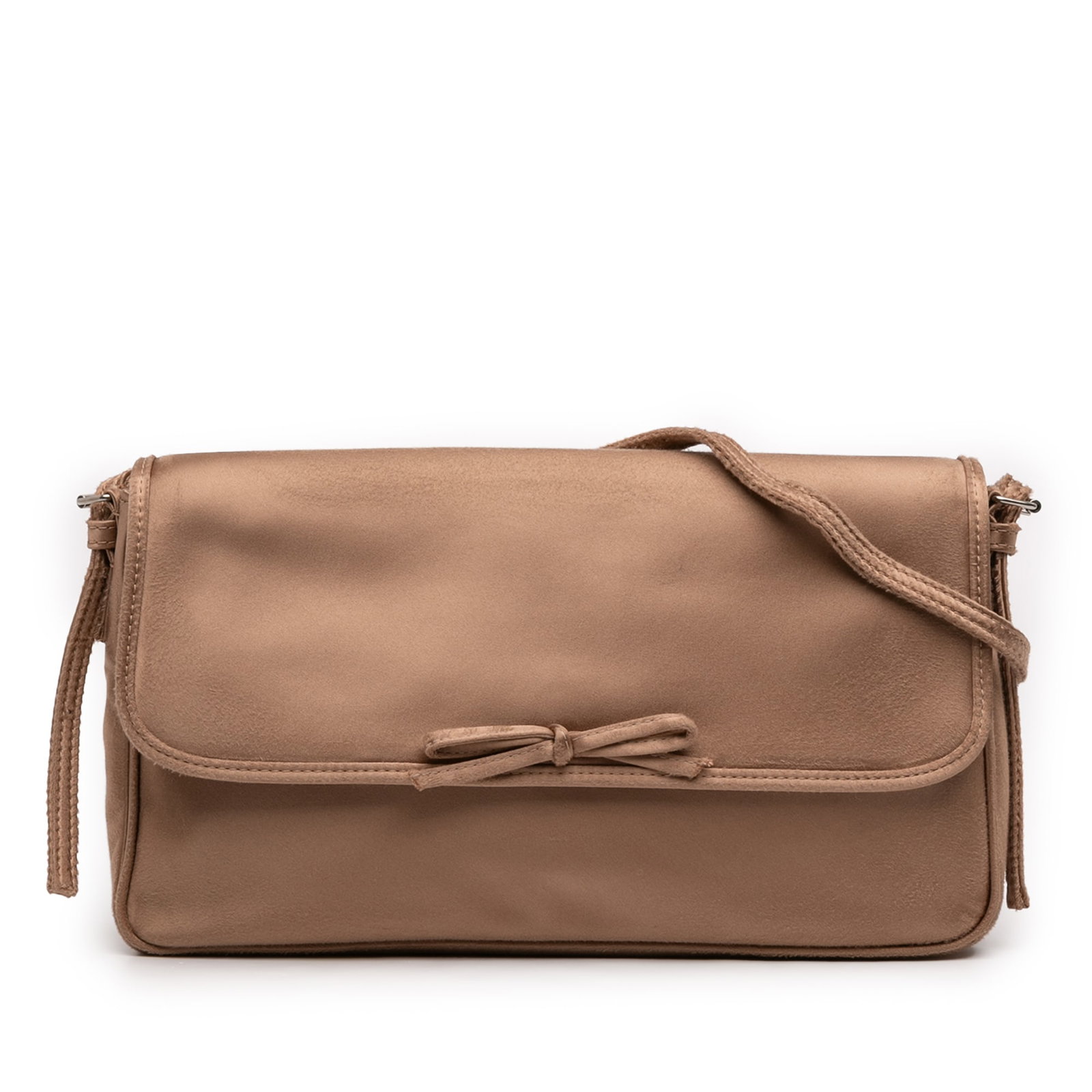 Balenciaga Leopolda Brown Satin Shoulder Bag with Bow Flap: Balenciaga Leopolda Brown Satin Shoulder Bag with Bow Flap This Balenciaga Distressed Satin Leopolda Pochette is a brown shoulder bag crafted from satin fabric. It features an adjustable flat satin st