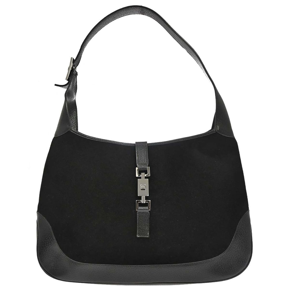 Gucci Jackie GG Medium Handbag Black Wool Pigskin Leather: Gucci Jackie GG Medium Handbag Black Wool Pigskin Leather Vintage Gucci Jackie handbag in black with the Gucci GG pattern. Crafted with a wool exterior and pigskin trim, this medium handbag features a