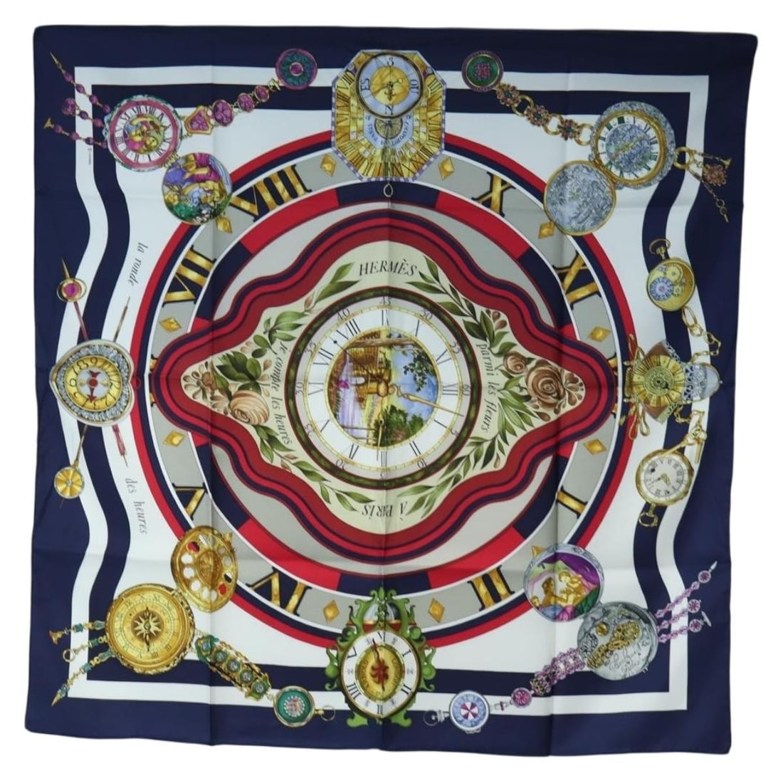 Hermes La Ronde des Heures Carre 90 Silk Scarf Navy White: Hermes La Ronde des Heures Carre 90 Silk Scarf Navy White Hermes Carre 90 "La Ronde des Heures" silk scarf in navy and white. This women's scarf comes with its item box and is made in France. Conditio