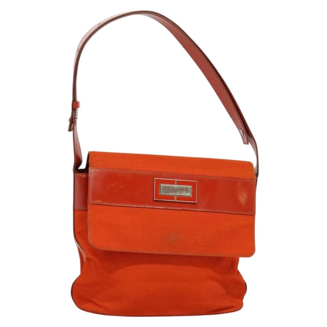 Celine Orange Canvas Shoulder Bag for Women: Celine Orange Canvas Shoulder Bag for Women This Celine shoulder bag for women features a vibrant orange canvas exterior, complemented by leather accents. Crafted in Italy, the bag shows signs of use 