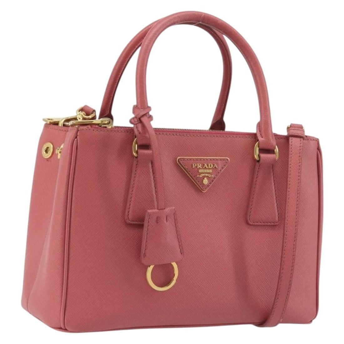 PRADA Saffiano Leather 2way Handbag Pink with Shoulder Strap: PRADA Saffiano Leather 2way Handbag Pink with Shoulder Strap Prada saffiano leather 2-way handbag in pink with gold-tone accents. This women's bag includes a clochette and shoulder strap, allowing it 