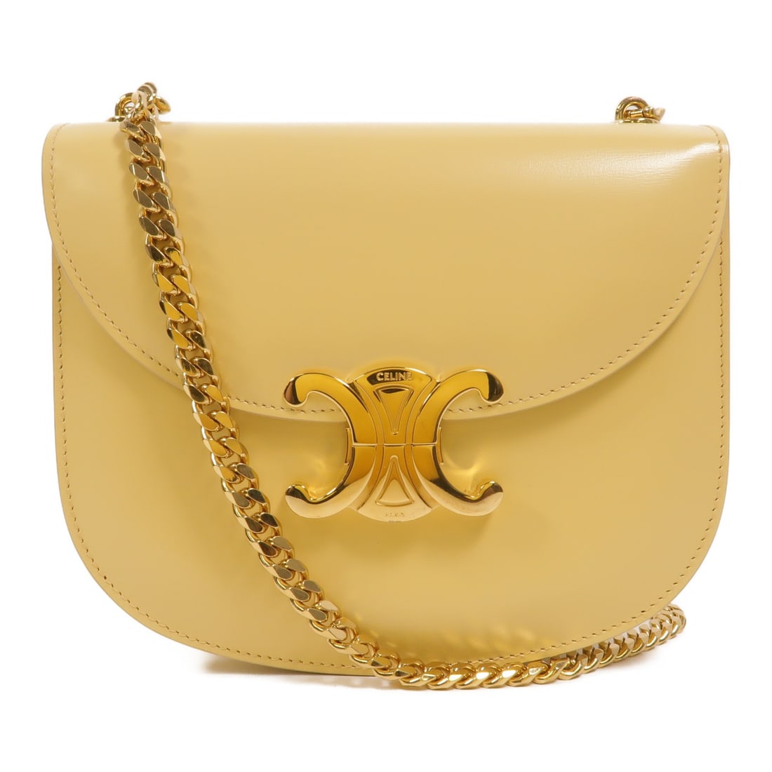 CELINE Besace Clea Yellow Calfskin Shoulder Bag 110973BF4 GHW: CELINE Besace Clea Yellow Calfskin Shoulder Bag 110973BF4 GHW Celine Besace Clea chain shoulder bag in yellow calfskin leather. This women's shoulder bag features a flap design with organized interior