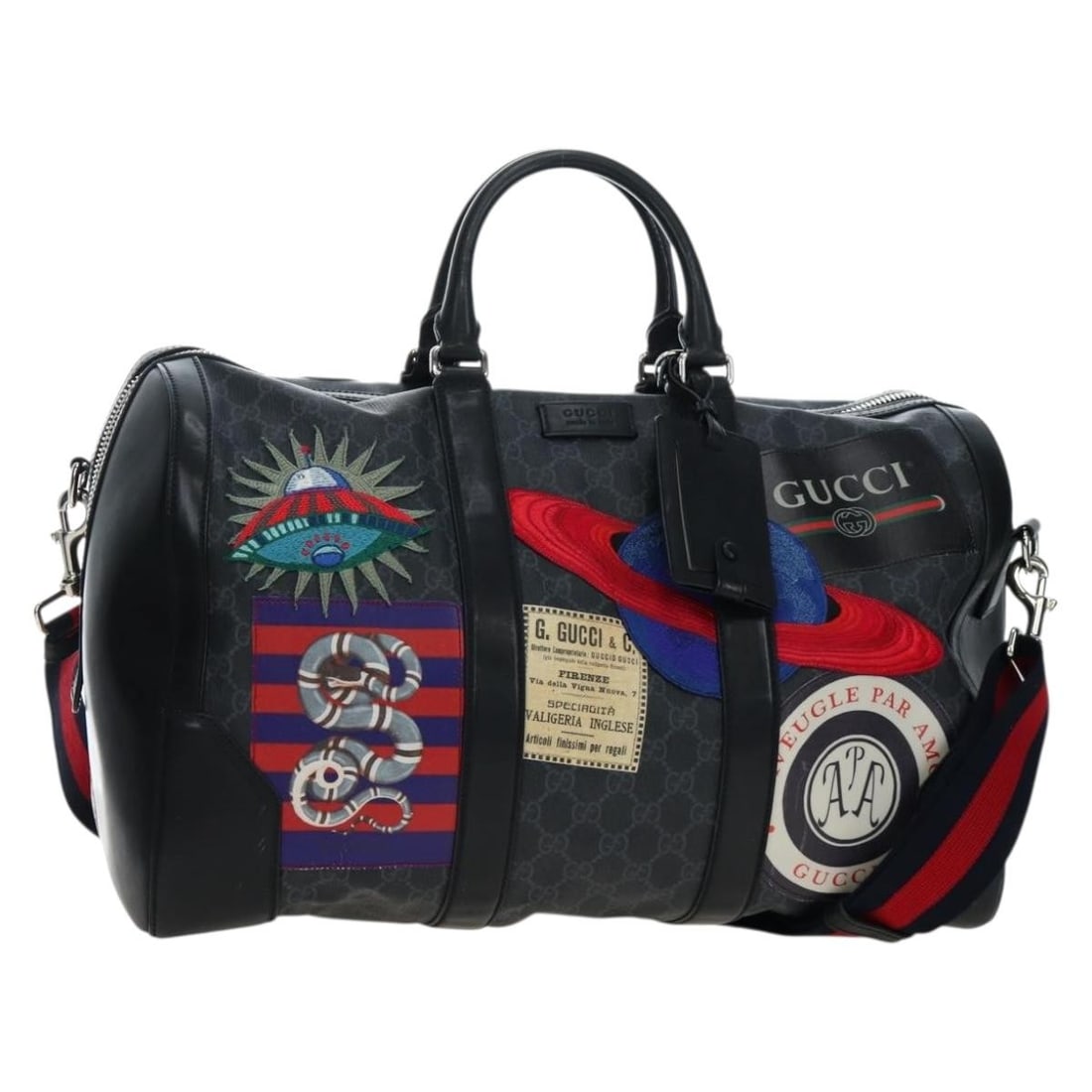 Gucci 474131 GG Supreme 2way Boston Bag Black PVC Leather: Gucci 474131 GG Supreme 2way Boston Bag Black PVC Leather Gucci GG Supreme Boston bag in black and silver PVC leather with GG canvas trim. This 2-way design can be carried by the handles or worn with 