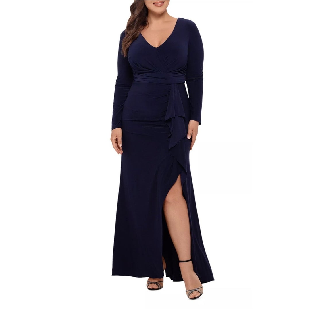 Betsy & Adam Plus Size Navy Blue Ruffle V Neck Gown 22W: Betsy & Adam Plus Size Navy Blue Ruffle V Neck Gown 22W Elevate your wardrobe with this stunning Betsy & Adam Plus Size Gown, perfect for formal occasions such as Holy Communion and weddings. This nav