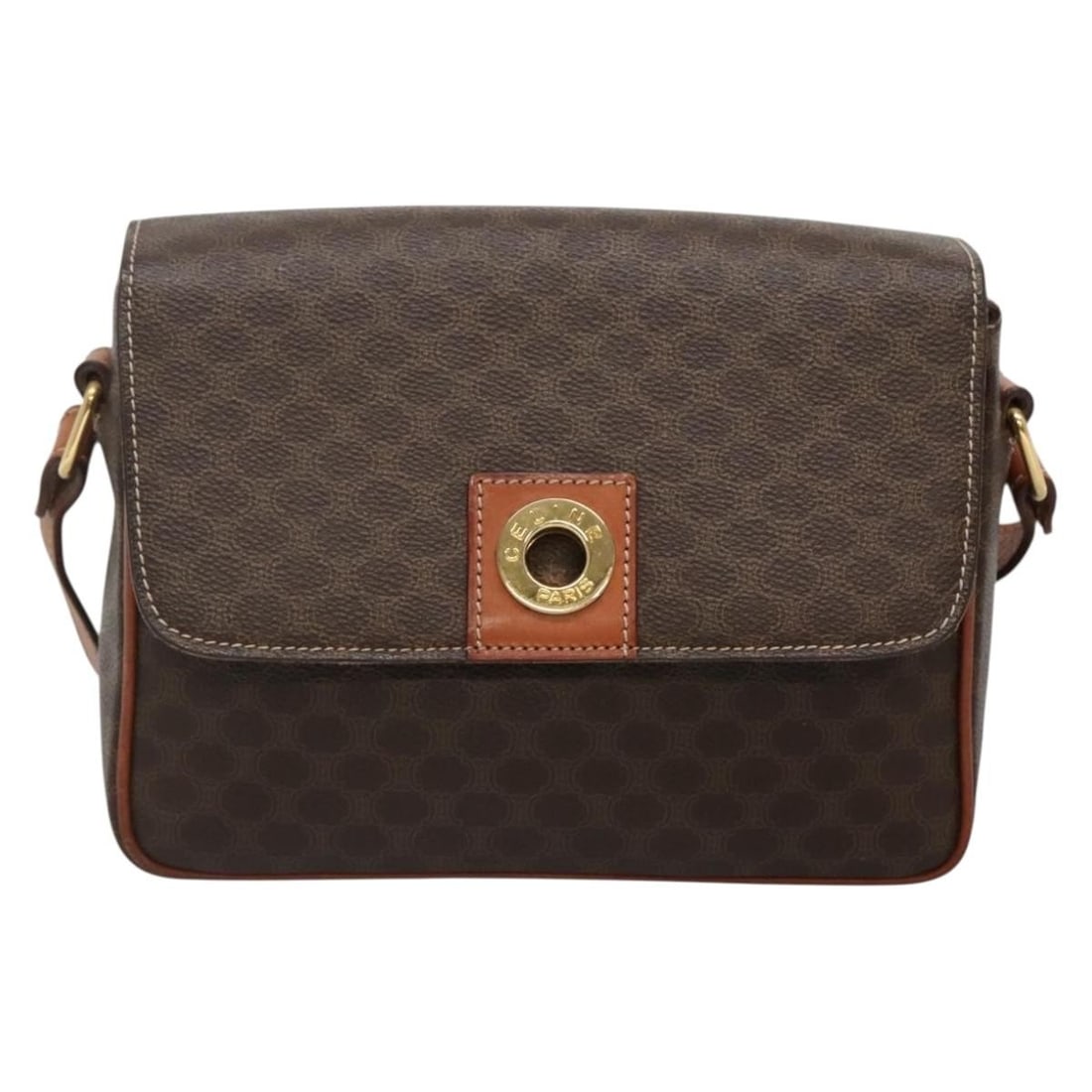 Celine Vintage Macadam Brown Canvas Leather Shoulder Bag: Celine Vintage Macadam Brown Canvas Leather Shoulder Bag This Celine Vintage Macadam shoulder bag features a classic brown canvas exterior with leather accents. The bag has a structured silhouette and