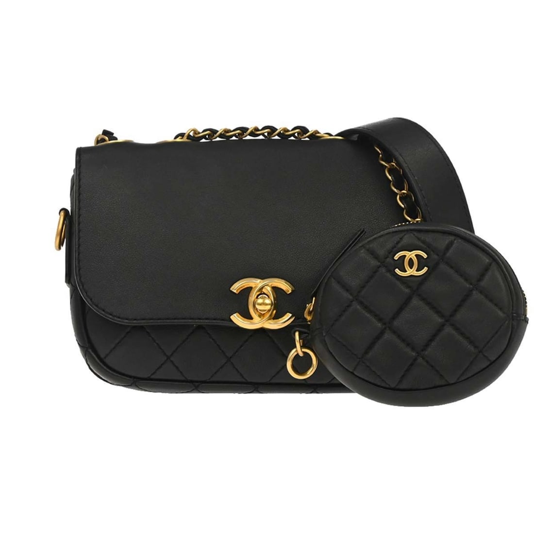 CHANEL Multi Pouching Flap Crossbody Bag Black Calfskin Leather: CHANEL Multi Pouching Flap Crossbody Bag Black Calfskin Leather Black Chanel Multi Pouching Flap shoulder bag in calfskin leather with a matelasse quilted finish and silver-tone hardware. It features 