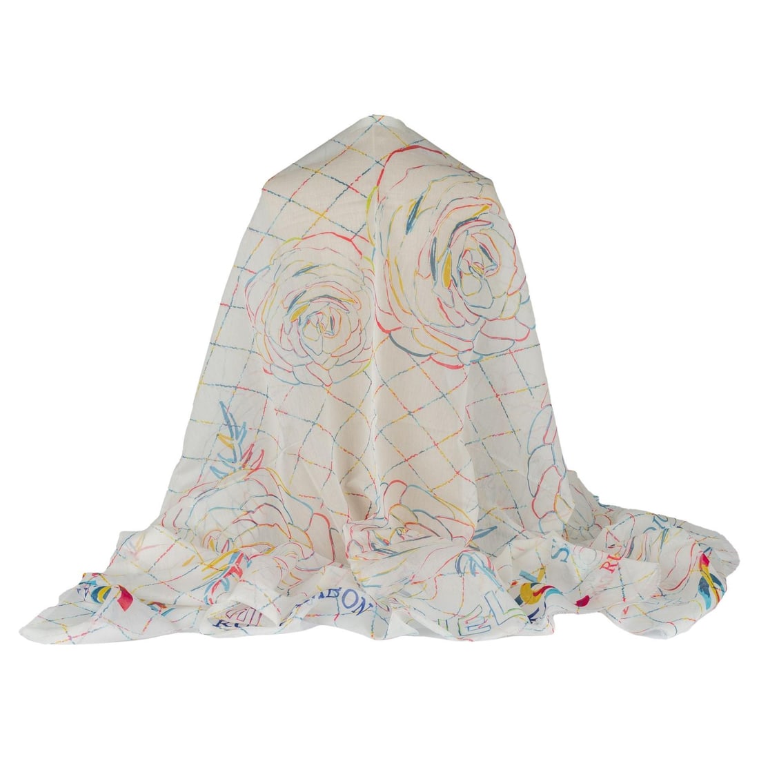 Chanel Cashmere Camellia Shawl Multicolor Print Made in Italy: Chanel Cashmere Camellia Shawl Multicolor Print Made in Italy Elevate your wardrobe with this exquisite Chanel Cashmere Camellia Shawl. Crafted in Italy, this luxurious shawl features a stunning multi