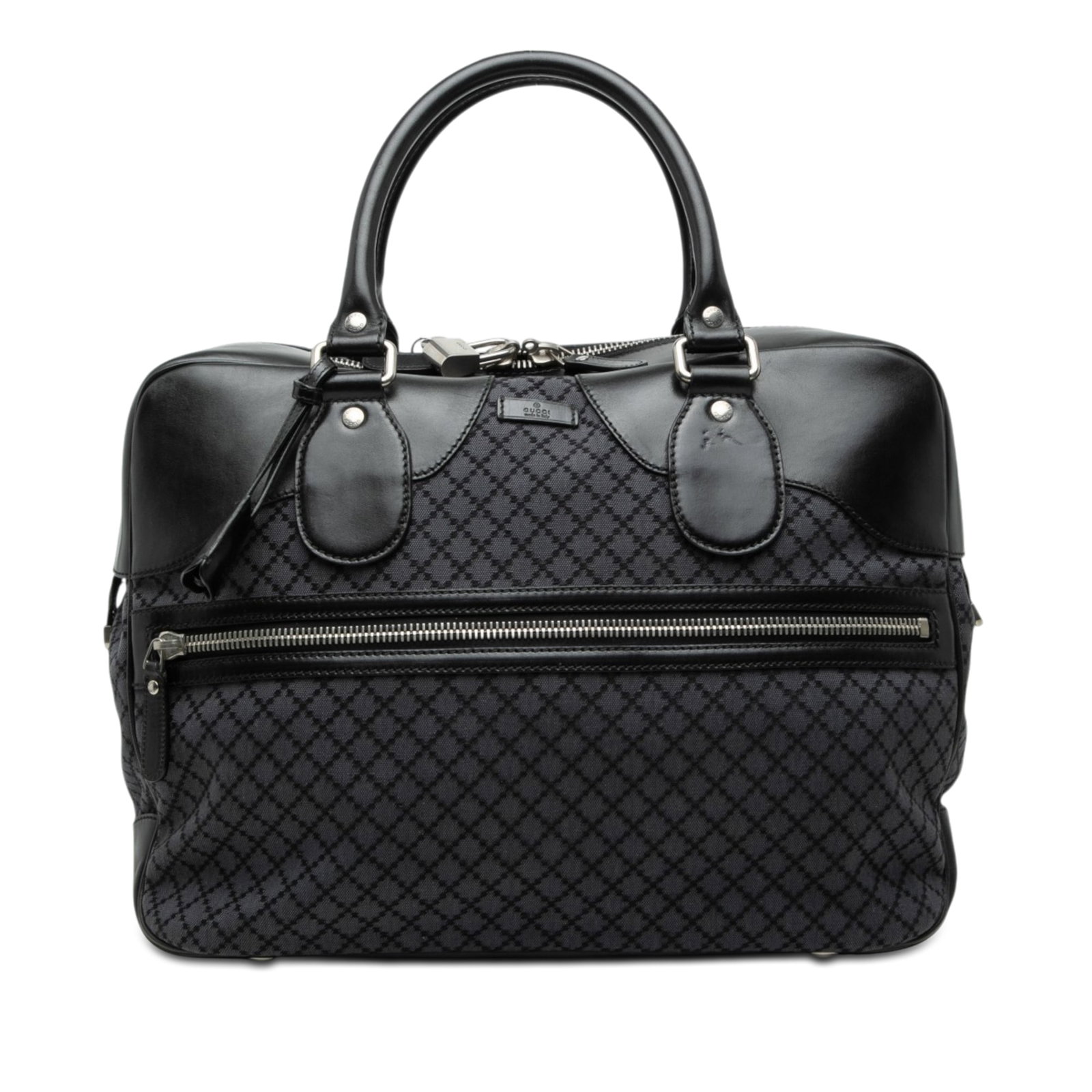 Gucci Diamante Gray Canvas Leather Trim Duffel Bag: Gucci Diamante Gray Canvas Leather Trim Duffel Bag Gucci Diamante canvas travel bag with leather trim and rolled leather handles. The bag features a two-way zip top closure, an exterior front zip pock