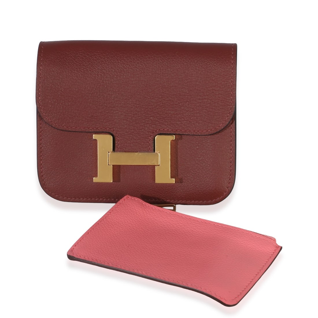 Hermes Constance Slim Wallet Evercolor Leather Rouge H Rose Azalee: Hermes Constance Slim Wallet Evercolor Leather Rouge H Rose Azalee Pre-owned Hermes Constance Slim Wallet in Rouge H and Rose Azalee Evercolor leather with a bicolore design. This unisex wallet featur