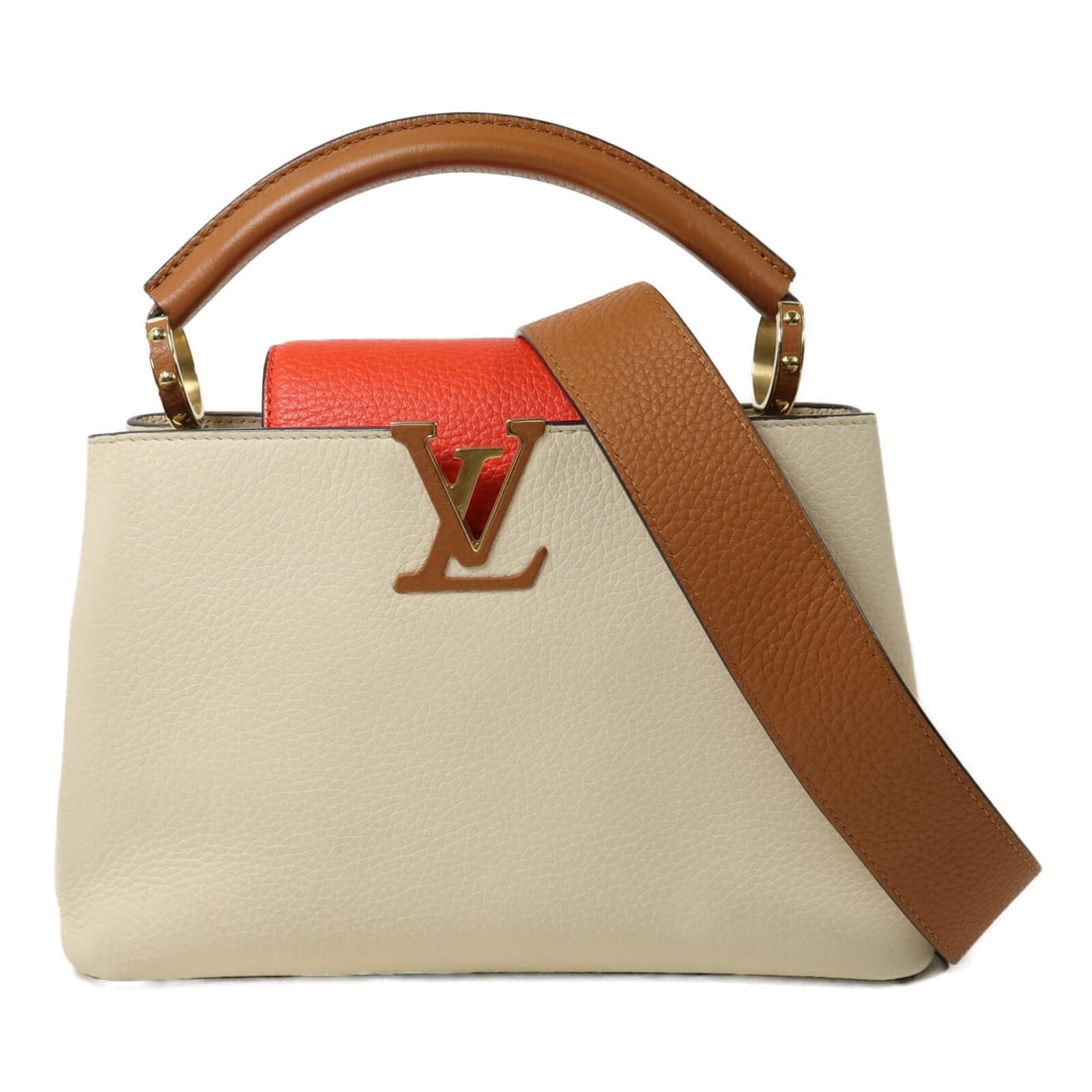 Louis Vuitton Capucines BB calfskin 2way shoulder bag brown beige: Louis Vuitton Capucines BB calfskin 2way shoulder bag brown beige Capucines BB 2-way shoulder bag in brown and beige calfskin leather with LV GHW styling. This women's bag features a structured silhou