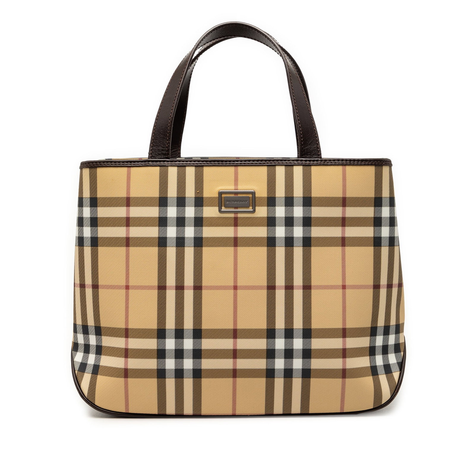 Beige Tote Bag with Leather Trim Burberry House Check Coated Canvas: Beige Tote Bag with Leather Trim Burberry House Check Coated Canvas This Burberry tote bag features the signature house check coated canvas with leather trim, flat leather handles, an open top, an int