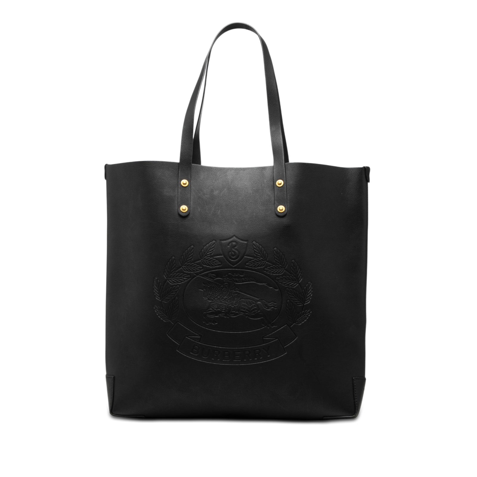 Burberry Crest Tote Large Black Embossed Leather Bag: Burberry Crest Tote Large Black Embossed Leather Bag Large embossed leather crest tote with flat leather straps, an open top, and an interior zip pocket. The bag shows condition notes including scratc