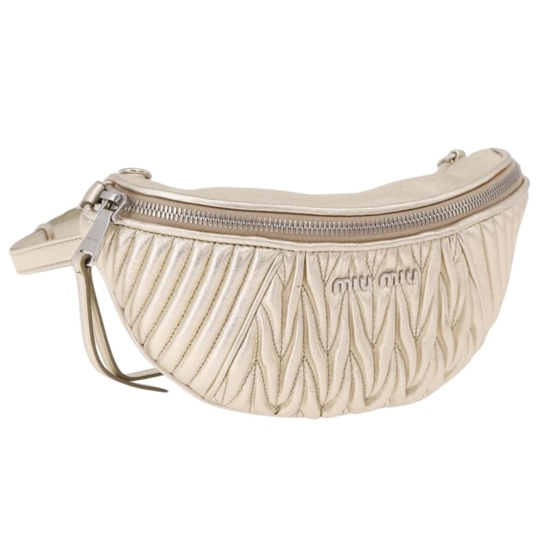 Miu Miu Matelasse Leather Belt Bag Silver Gold Italy: Miu Miu Matelasse Leather Belt Bag Silver Gold Italy Authentic Miu Miu matelasse waist bag in silver and gold leather. This women's belt bag is made in Italy and includes the dust bag and guarantee ca