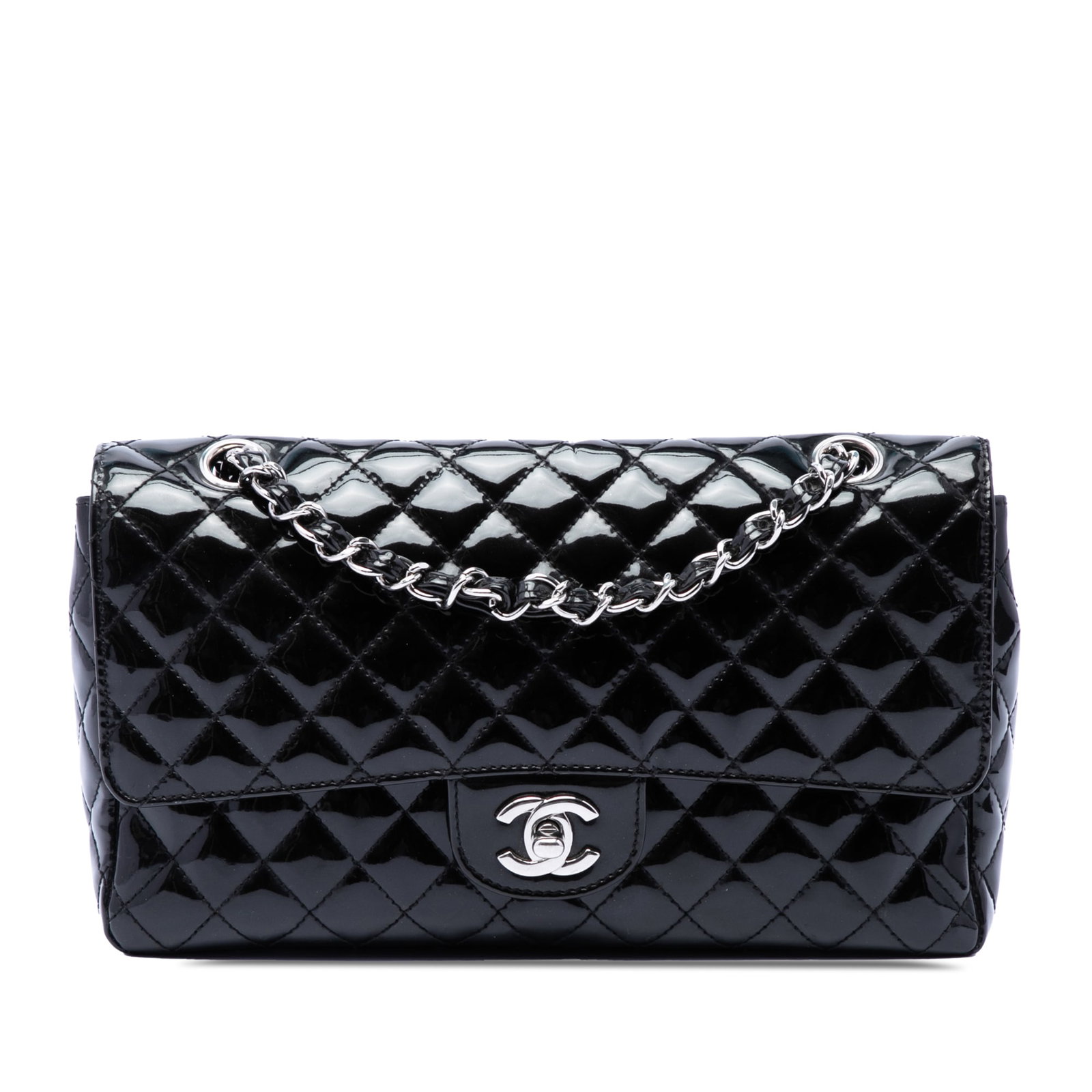 Chanel Secret Label Medium Flap Shoulder Bag in Black Patent Leather (1 of 7)