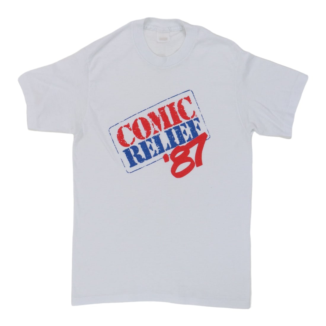 Vintage 1987 Comic Relief White Poly Cotton Shirt: Vintage 1987 Comic Relief White Poly Cotton Shirt Authentic original vintage 1987 Comic Relief shirt in white. This is a true vintage piece, not a modern reproduction. It has no back graphics and is i