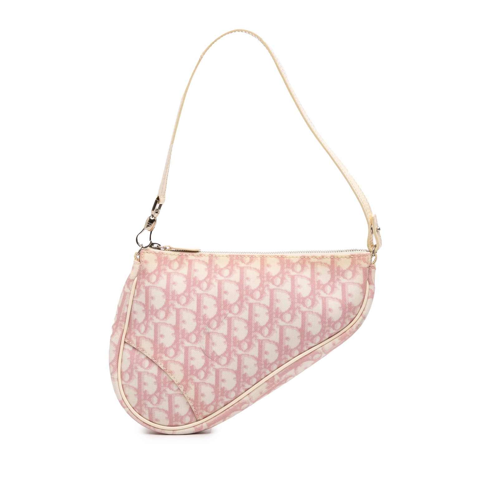 Dior Mini Diorissimo Saddle Pochette in Pink Coated Canvas: Dior Mini Diorissimo Saddle Pochette in Pink Coated Canvas Mini Diorissimo Saddle pochette in coated canvas with leather trim and a flat leather handle. The bag features a top zip closure and comes wi