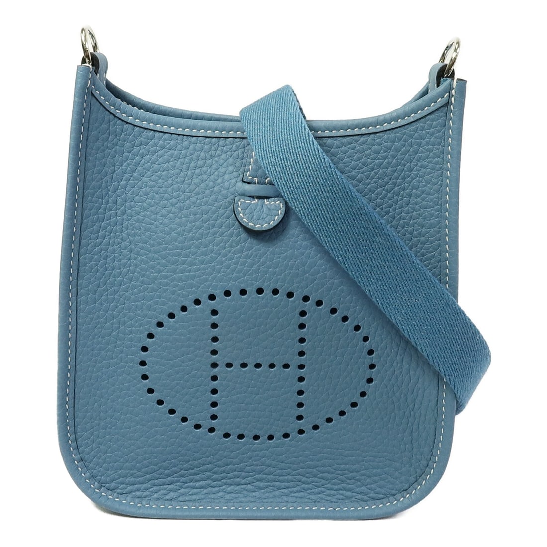 Hermes Evelyne TPM Clemence Calfskin Shoulder Bag PHW New Blue Jean: Hermes Evelyne TPM Clemence Calfskin Shoulder Bag PHW New Blue Jean Hermes Evelyne TPM shoulder bag in New Blue Jean Taurillon Clemence and calfskin. This women's bag is made in France and includes a 