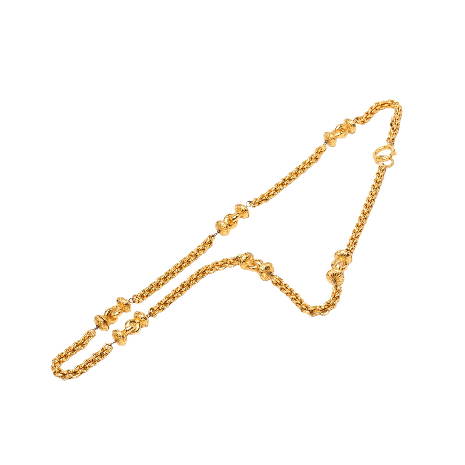 Chanel CC Station Chain Long Necklace Gold Tone Metal: Chanel CC Station Chain Long Necklace Gold Tone Metal Gold-tone long necklace with a station chain design and spring ring closure. It is identified as the Chanel CC Gold Plated Station Chain Long Neck