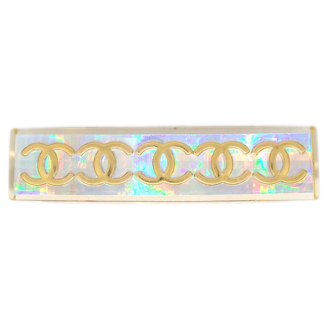 CHANEL 97P Clear Acrylic Logo Barrette Hair Clip: CHANEL 97P Clear Acrylic Logo Barrette Hair Clip Chanel clear acrylic hair barrette with logo accents and gold-plated detailing. Made in France, this women's hair accessory is designed for casual wear
