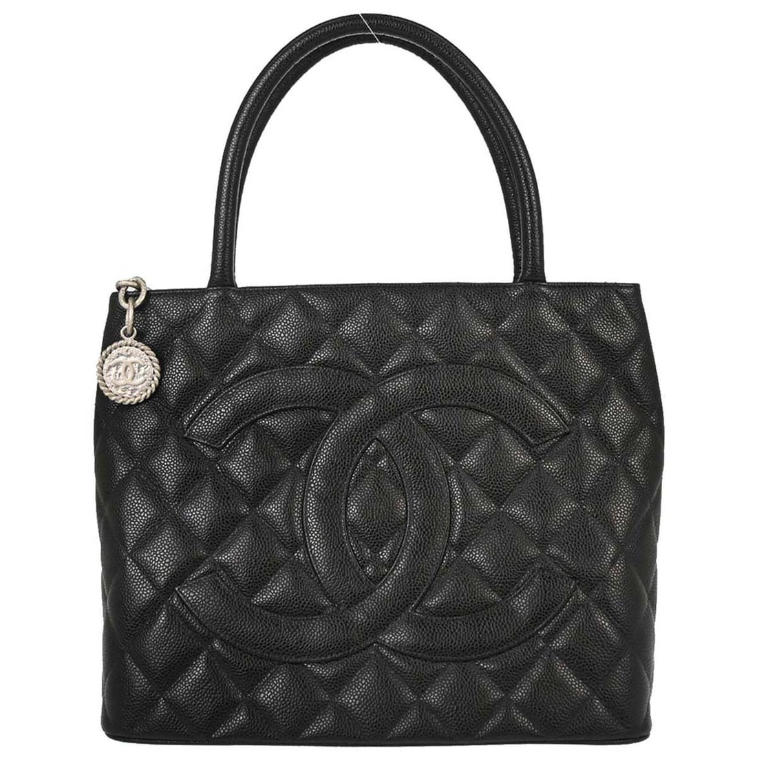 CHANEL Medallion black caviar leather tote bag: CHANEL Medallion black caviar leather tote bag Chanel Medallion tote handbag in black caviar skin leather with matelasse quilting and logo accents. This medium tote features double handles, a zip clos