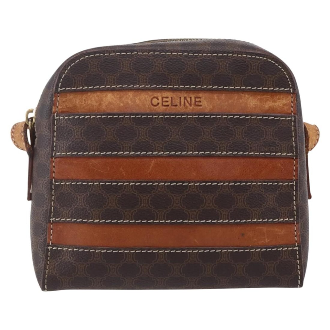 Celine Vintage Macadam Shoulder Bag Brown Canvas Leather: Celine Vintage Macadam Shoulder Bag Brown Canvas Leather This vintage Celine Macadam shoulder bag for women features a brown canvas body with leather accents. It measures 17cm x 15cm x 6cm and is craf