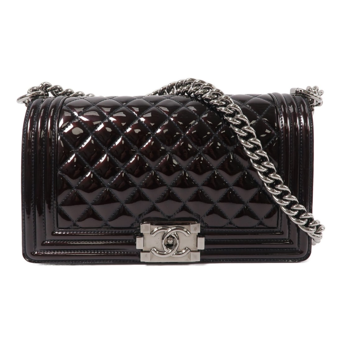 CHANEL Boy 25 A67086 Patent Leather Shoulder Bag Black: CHANEL Boy 25 A67086 Patent Leather Shoulder Bag Black CHANEL Boy 25 Chain Shoulder Handbag in black patent leather with a shoulder strap and flap closure. The bag is identified as model A67086 and is