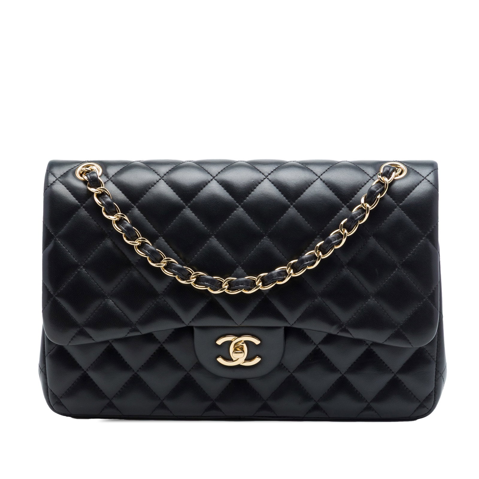Chanel Jumbo Classic Double Flap Shoulder Bag Black Lambskin: Chanel Jumbo Classic Double Flap Shoulder Bag Black Lambskin Chanel Jumbo Classic Lambskin Double Flap shoulder bag crafted in quilted black lambskin leather. This bag features leather-woven chain