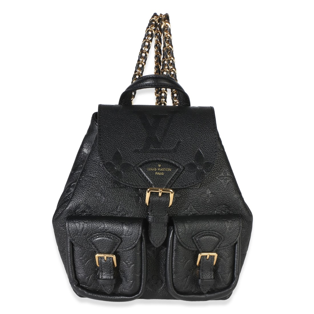 Louis Vuitton Backup Backpack Black Leather Giant Monogram Empreinte: Louis Vuitton Backup Backpack Black Leather Giant Monogram Empreinte Pre-owned Louis Vuitton Backup Backpack in black Giant Monogram Empreinte leather. This unisex backpack features a clasp and magnet