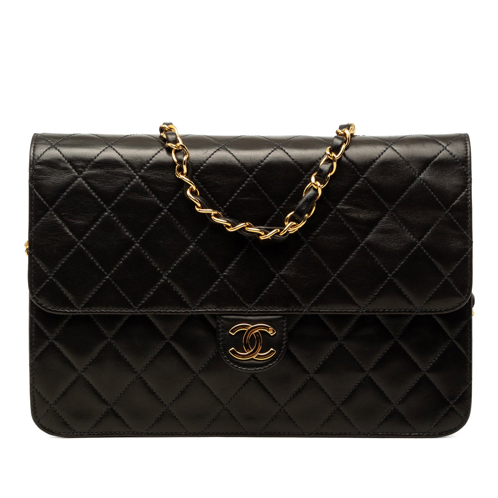 Chanel Medium CC Single Flap Crossbody in Quilted Black Lambskin: Chanel Medium CC Single Flap Crossbody in Quilted Black Lambskin Medium Chanel CC quilted lambskin single flap crossbody bag with a leather-woven chain strap and front CC turn-lock closure. The interi
