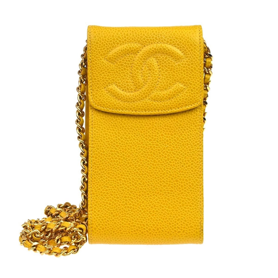 Chanel Vintage CC Caviar Leather Phone Holder Yellow: Chanel Vintage CC Caviar Leather Phone Holder Yellow Vintage Chanel CC phone holder in yellow leather with a slim profile and compact design. This piece is in good condition with light dirt, light scr