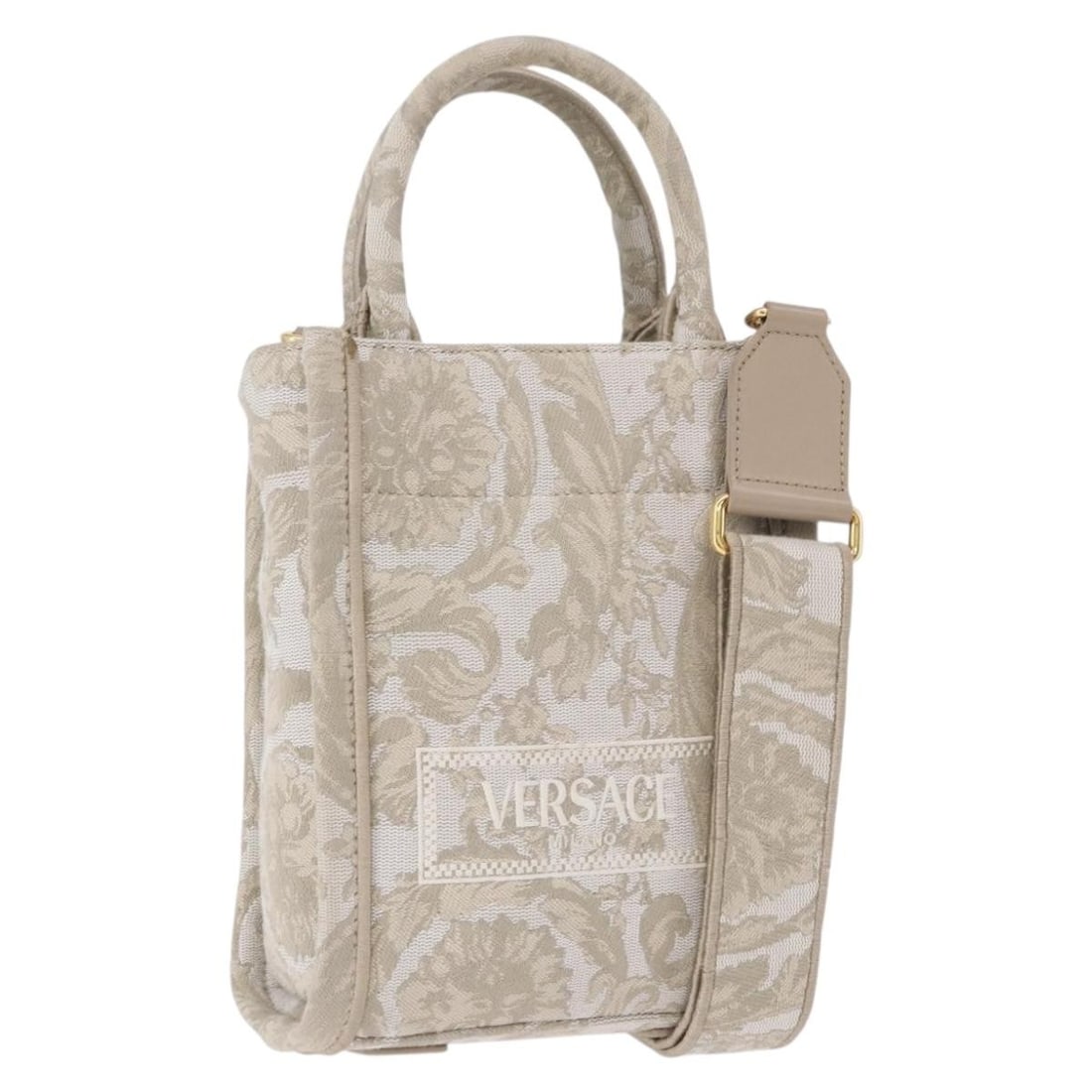 Versace Barocco Thena Canvas Mini 2way Tote Bag Beige Italy: Versace Barocco Thena Canvas Mini 2way Tote Bag Beige Italy Versace Barocco Thena mini 2-way tote bag in beige canvas with gold-tone accents. Designed for women, this Italian-made bag includes a shoul